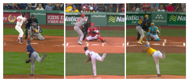 Three images of Roman Anthony awaiting a pitch. 