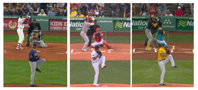 Three images of Roman Anthony's stance in the batter's box. 