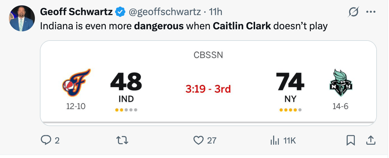 Fever lose again without Caitlin Clark.
