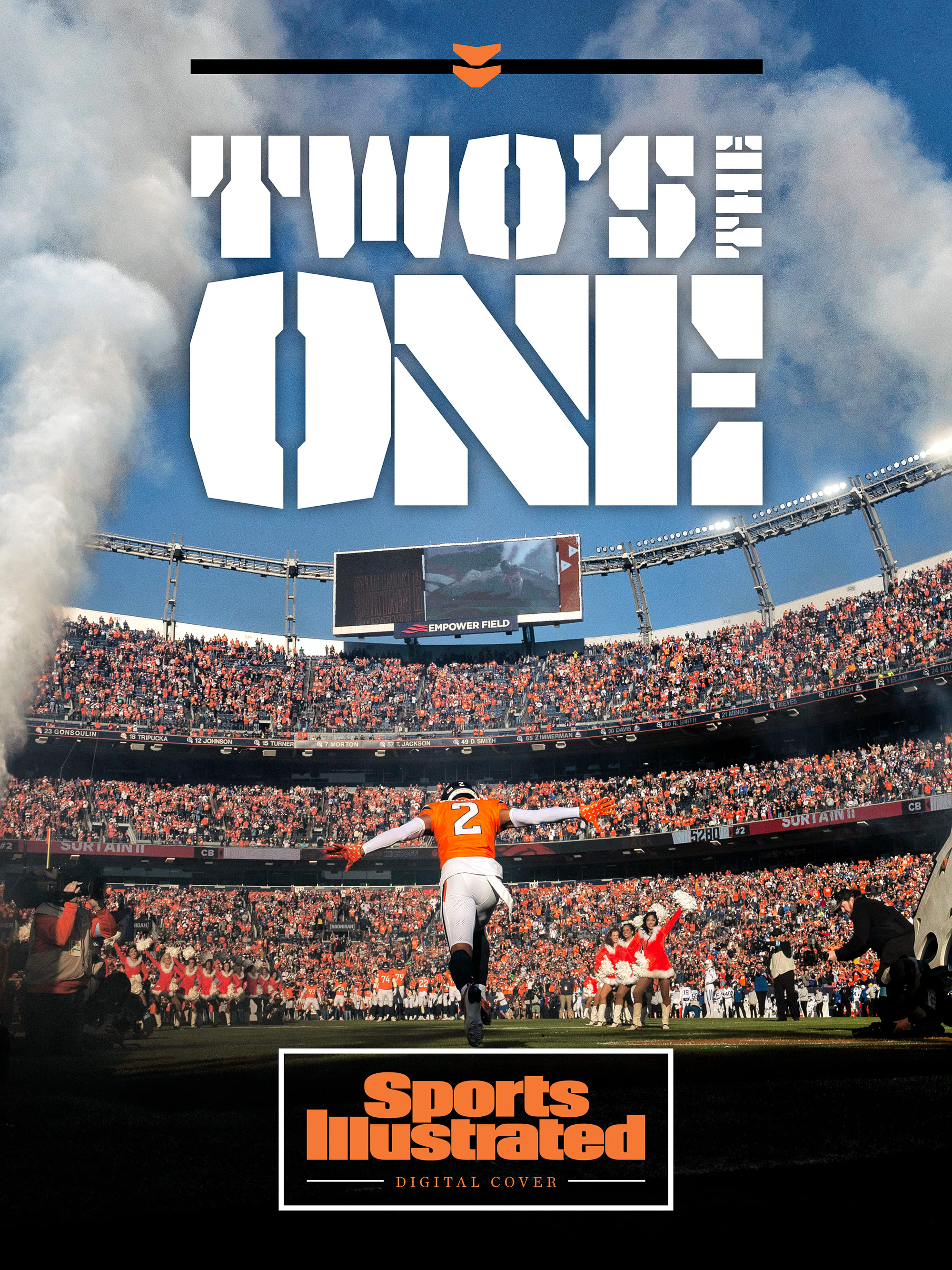 A photo of Pat Surtain II running onto the field with text that says "Two's the one"