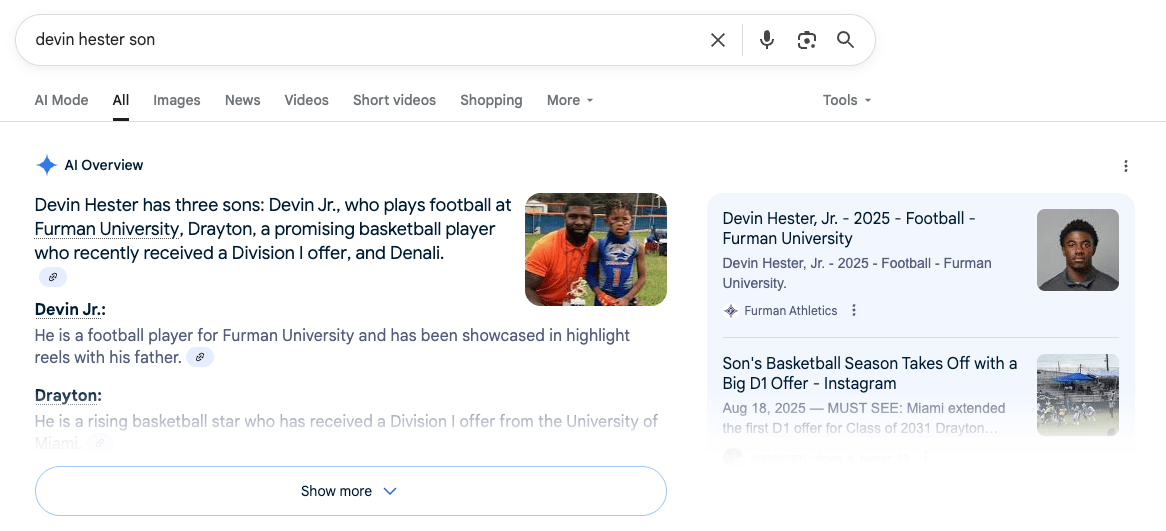 A google AI search result incorrectly identifies Furman’s Devin Hester Jr. as the son of NFL great Devin Hester.