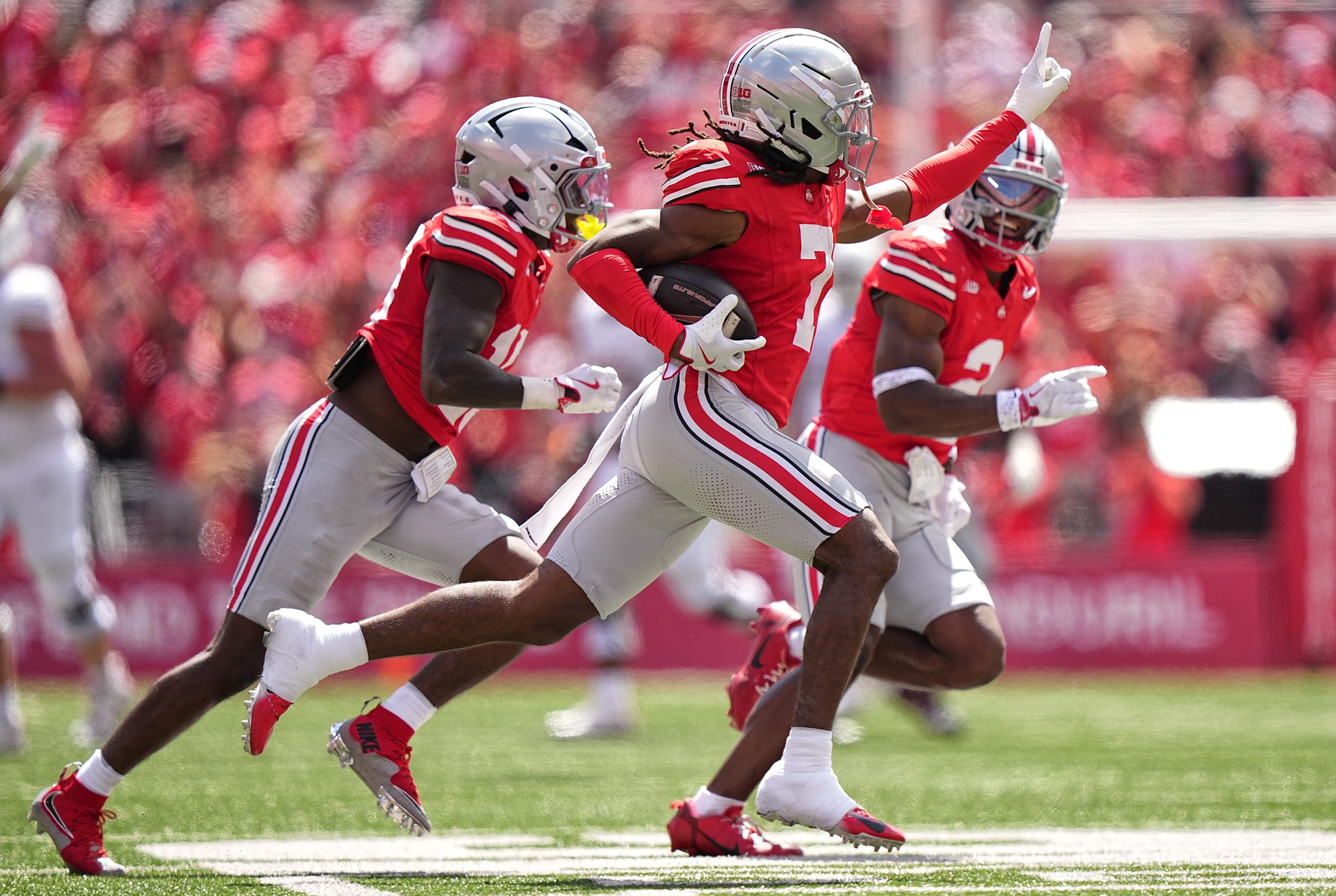 Ohio State cornerback Jermaine Mathews Jr. celebrates after picking off Arch Manning in the third quarter. 