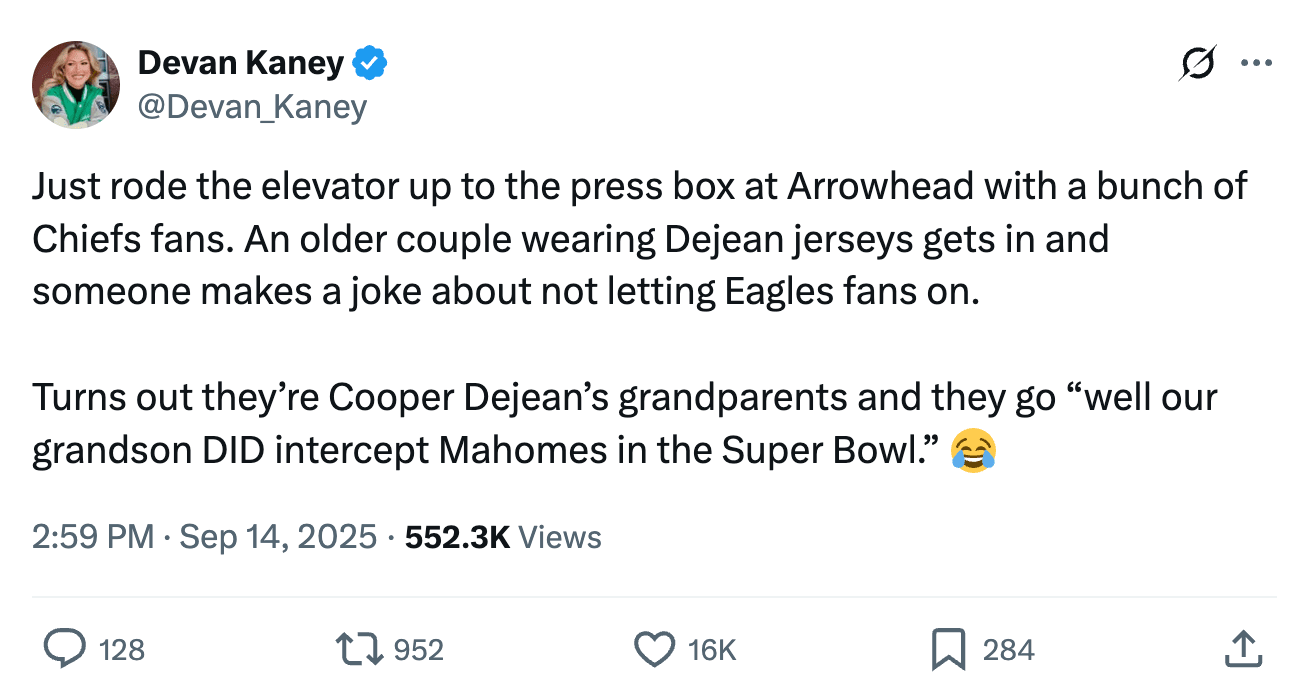 Cooper DeJean's grandparents had a great line about his Super Bowl pick-six against Patrick Mahomes and the Chiefs. 