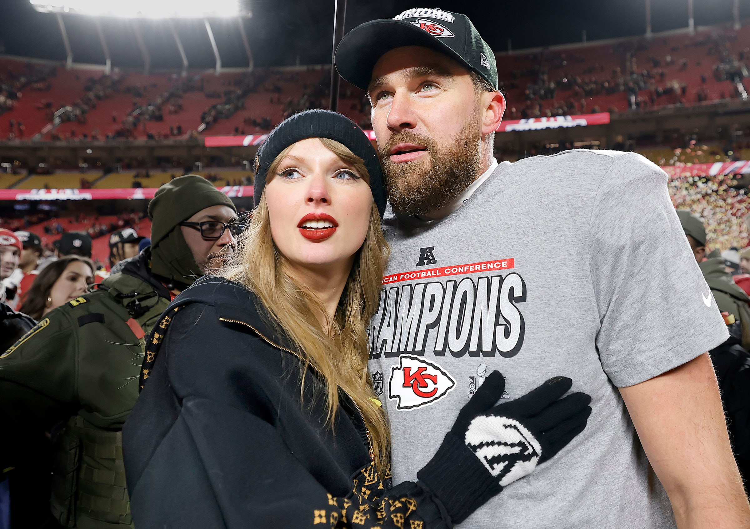 Taylor Swift celebrates with Travis Kelce of the Kansas City Chiefs 