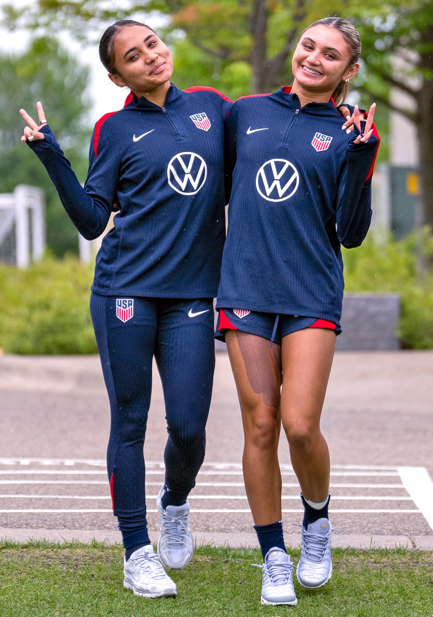 Alyssa Thompson and Gisele Thompson of the United States arrive at the field before USWNT training Alyssa Thompson and Gisele Thompson of the United States arrive at the field before USWNT training