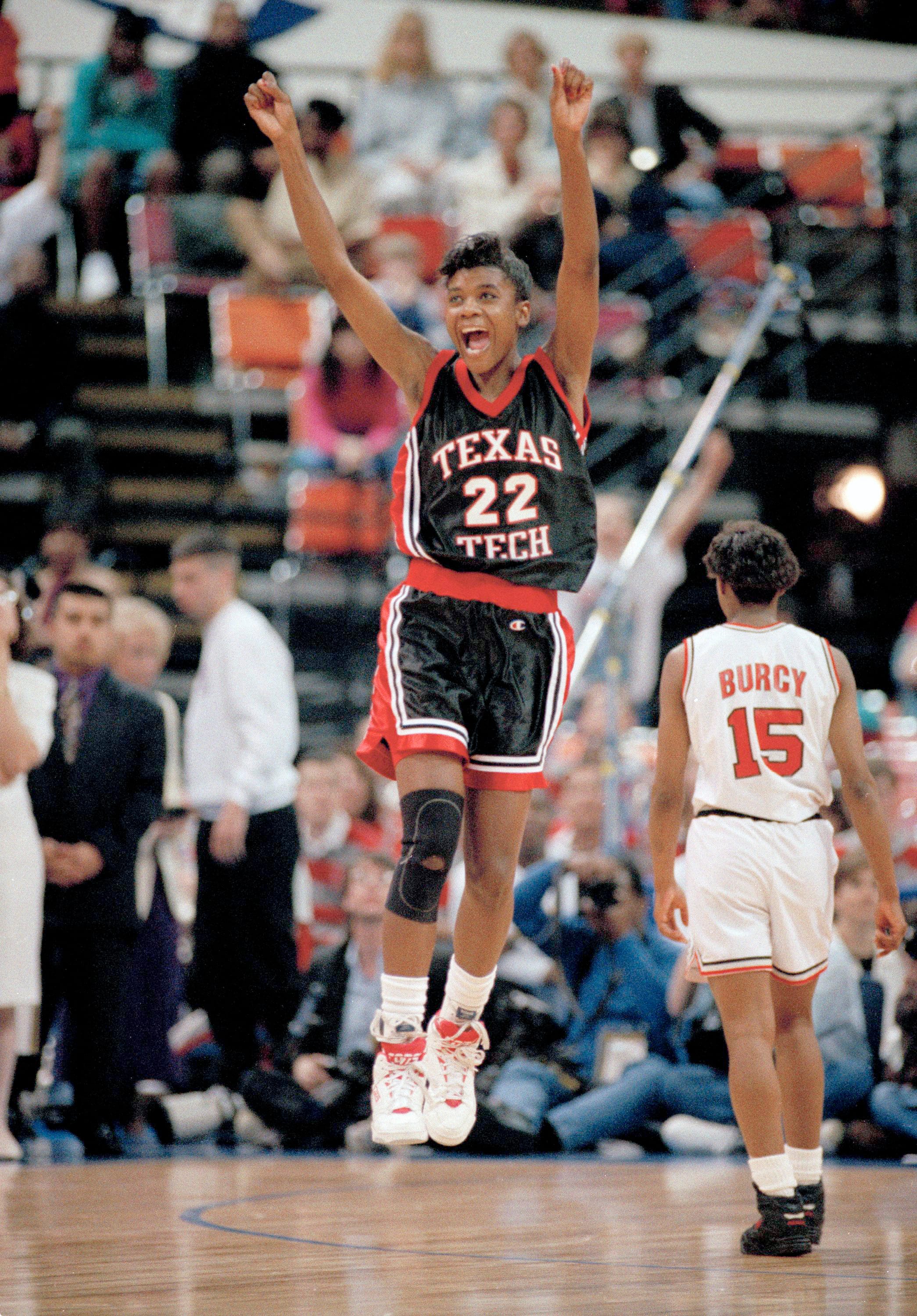 Sheryl Swoopes leaps with joy after Texas Tech defeated Ohio State to win the Women's NCAA title