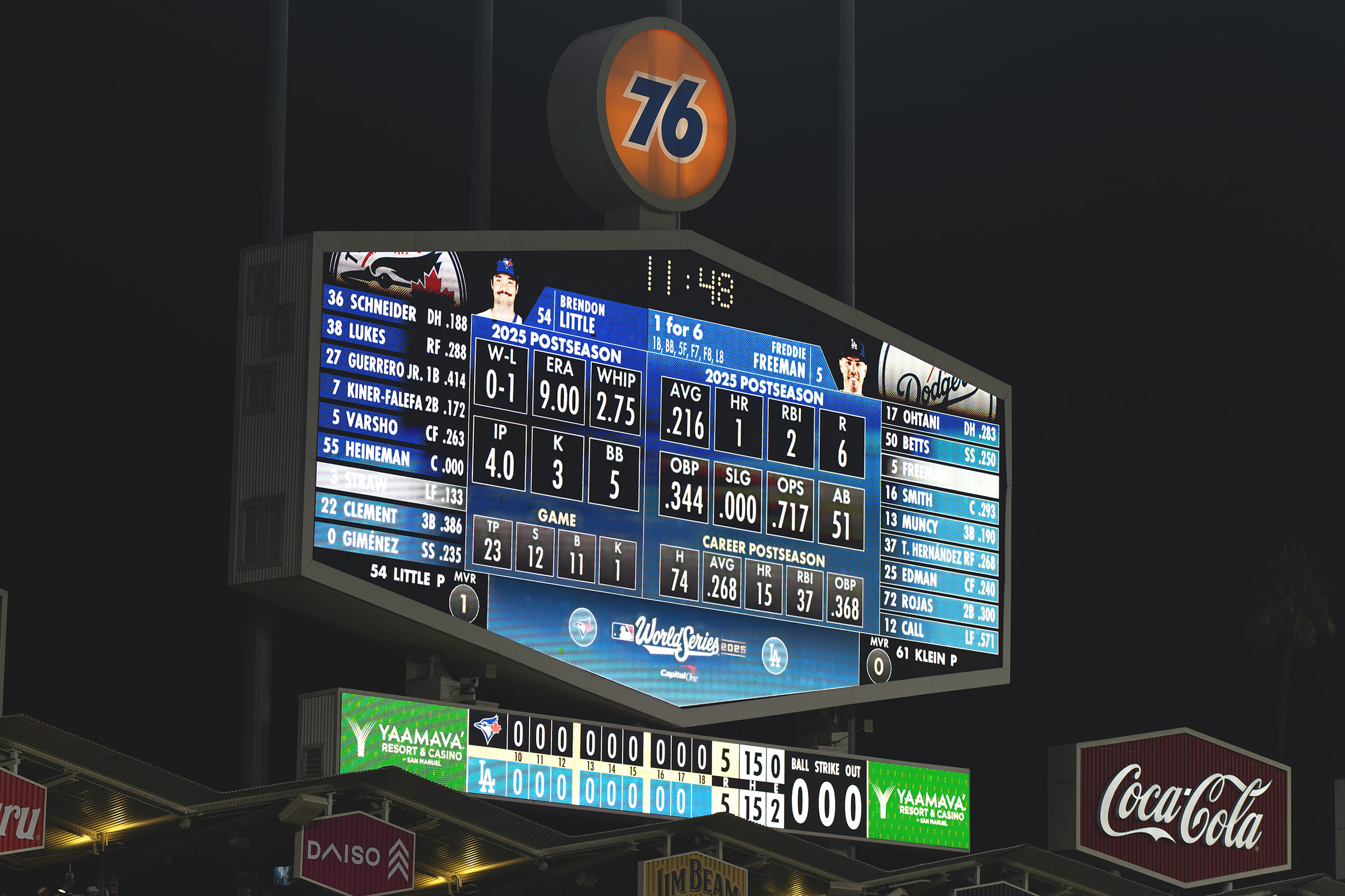 View of the scoreboard just prior to Freddie Freeman's walkoff homer in the 18th inning of Game 3.