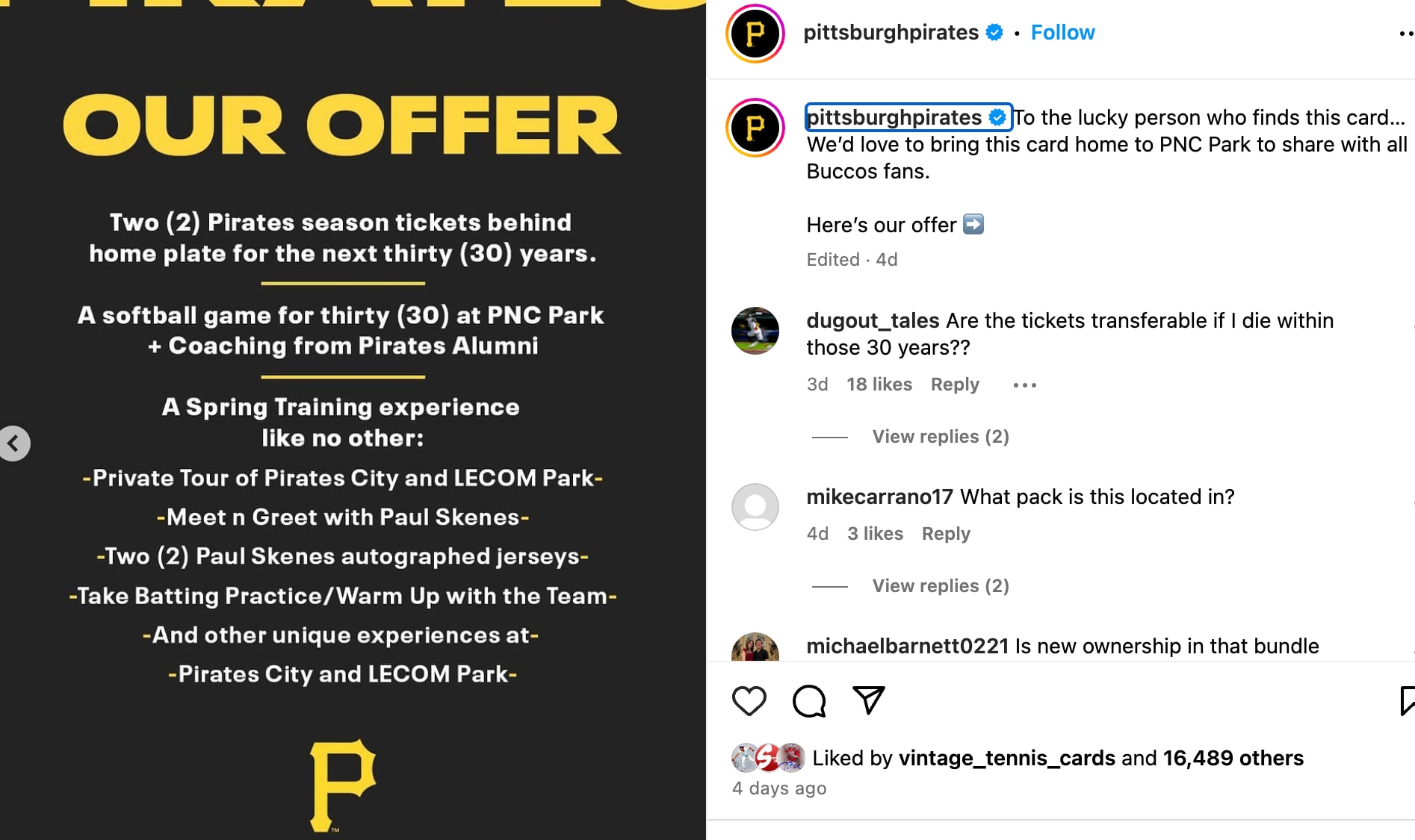 Pittsburgh Pirates offer season tickets for Paul Skenes MLB Debut Patch card
