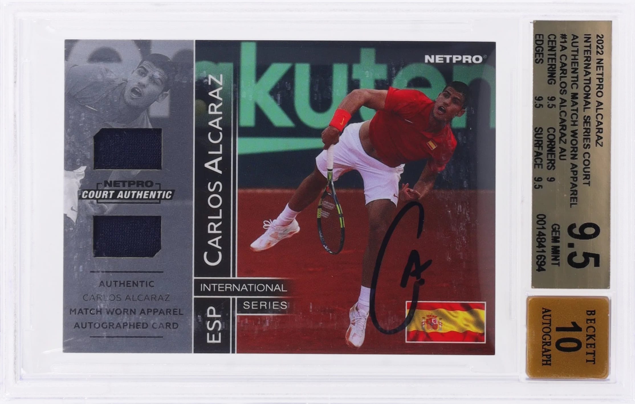 2022 Netpro International Series Court Authentic Match Worn Apparel Autograph Carlos Alcaraz #1A BGS 9.5 Auto 10 /50