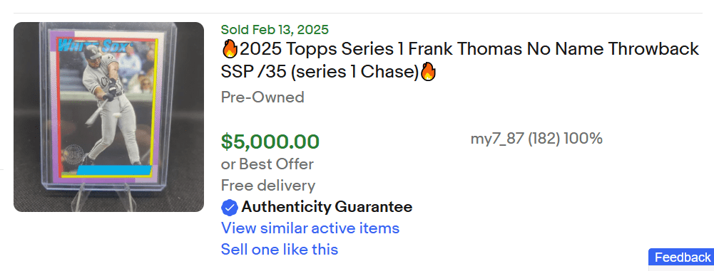 Completed sale of Frank Thomas NNOF for $5000 or best offer