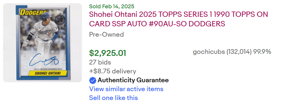 Completed sale of Shohei Ohtani auto for $2925.01