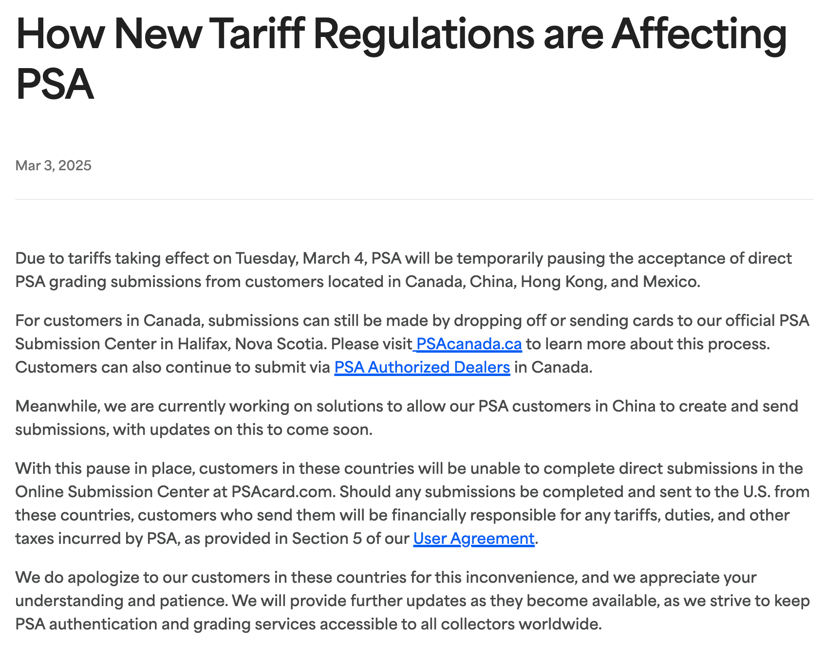 PSA Statement on Tariffs