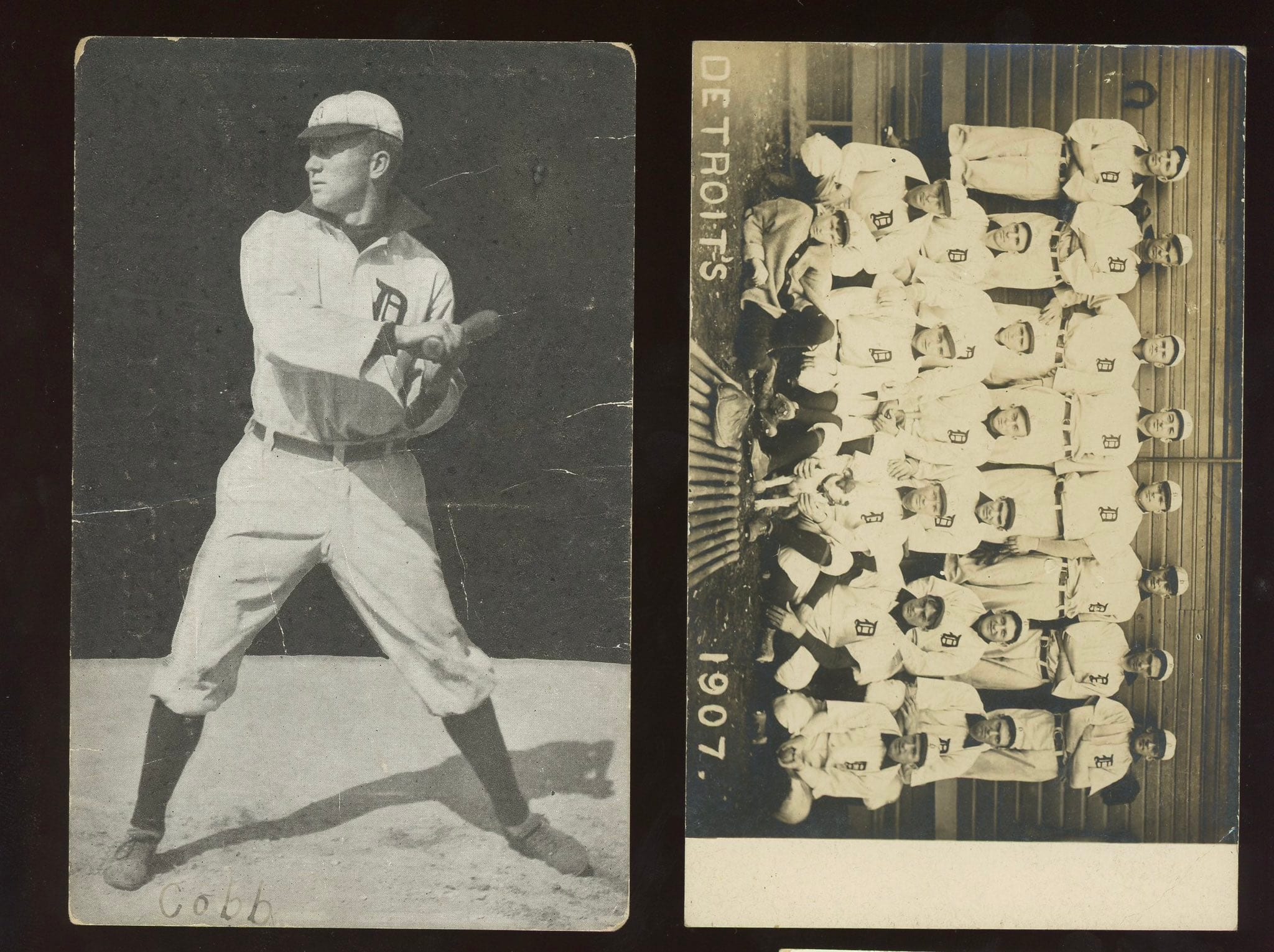 1907-1909 Dietsche Detroit Tigers Postcard featuring Ty Cobb (left) and the Tigers team (right)