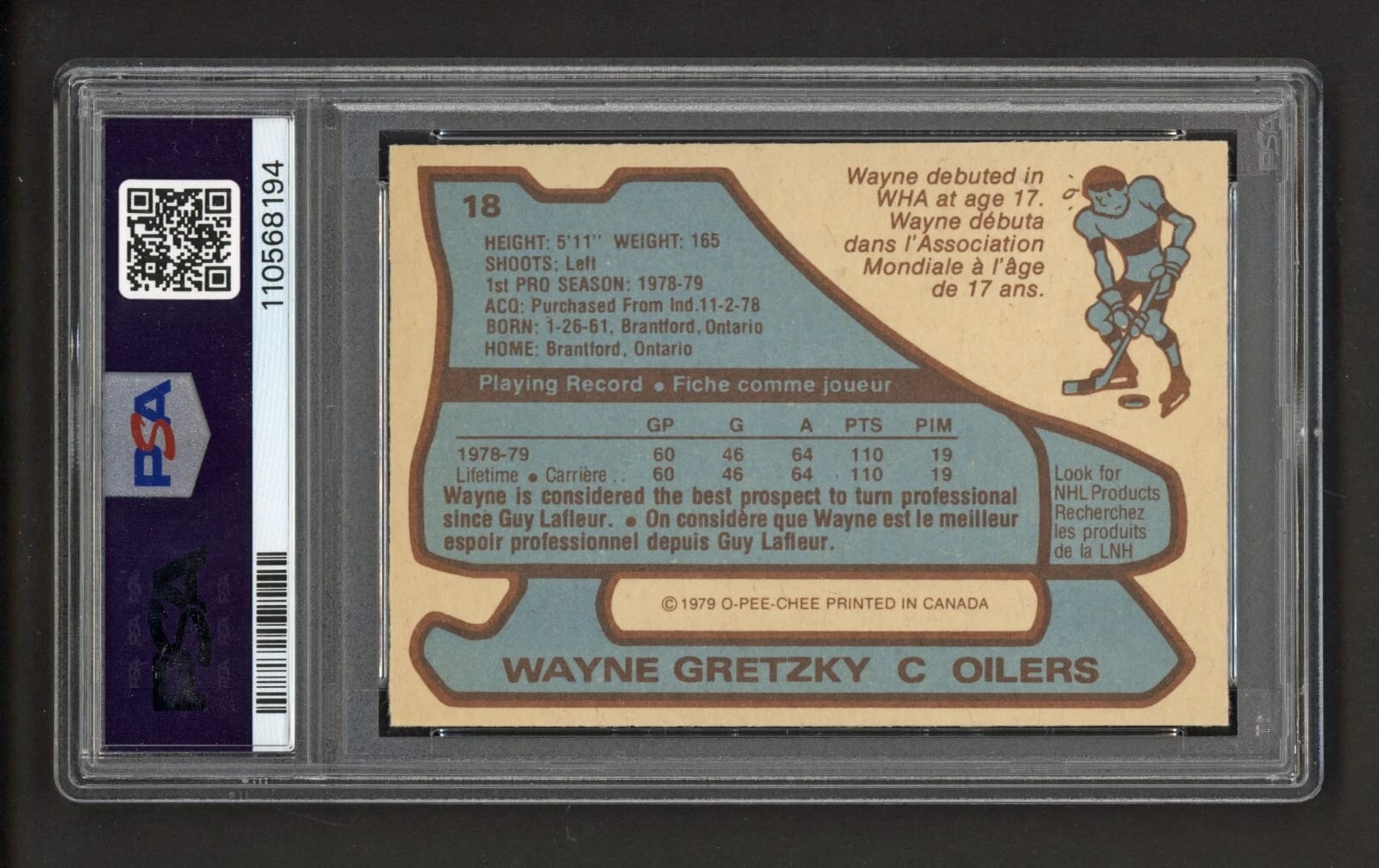 1979 O-Pee-Chee Wayne Gretzky Rookie Card #18 - PSA 8 (Back of Card)