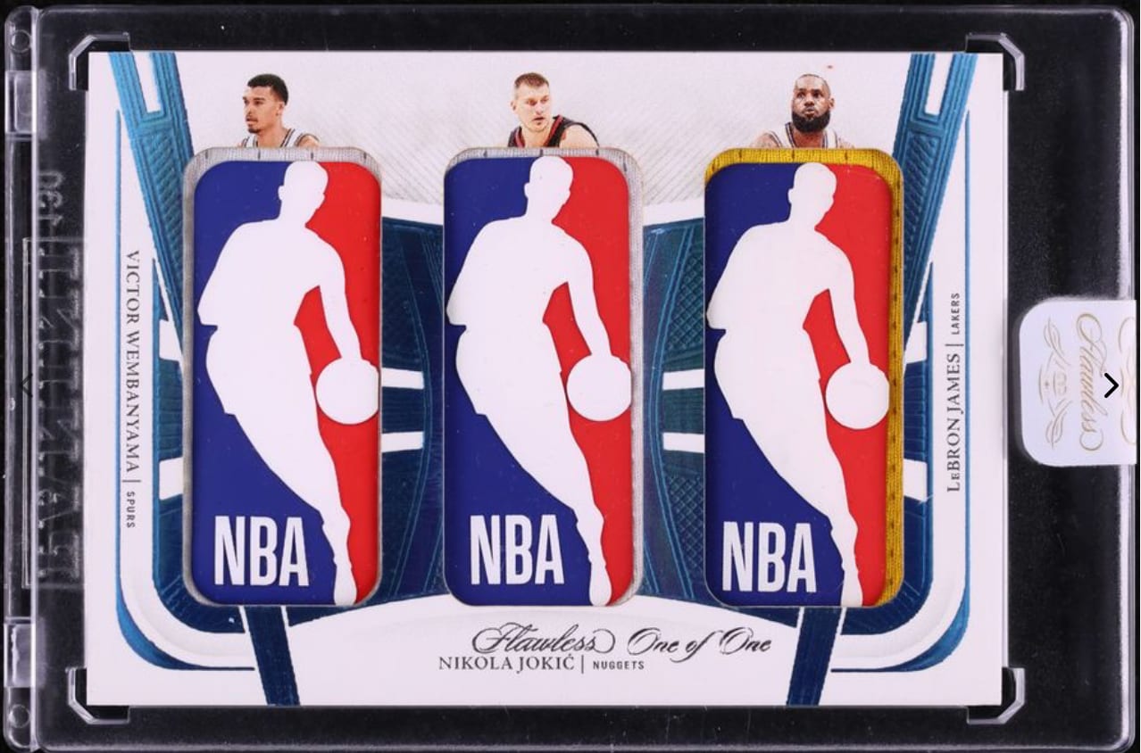 This Wembanyama, Jokic, and LeBron 1/1 Triple Logoman Card