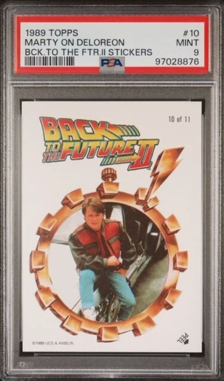 1989 TOPPS BACK TO THE FUTURE II MARTY ON DELOREON STICKER #10 PSA 9