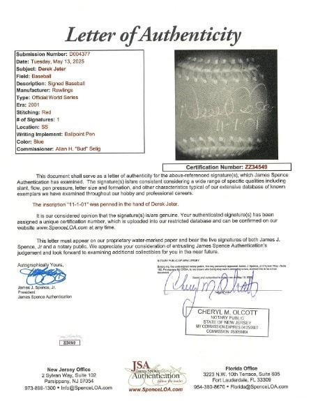 JSA Certification Letter - Derek Jeter Game Winning Walk Off Home Run Ball - Game 4 2001 World Series