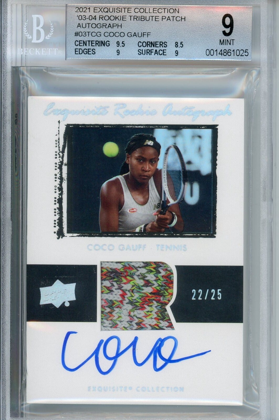 2021 Exquisite Collection 2003-04 Rookie Tribute Patch Autograph 22/25 Coco Gauff in a BGS Mint 9