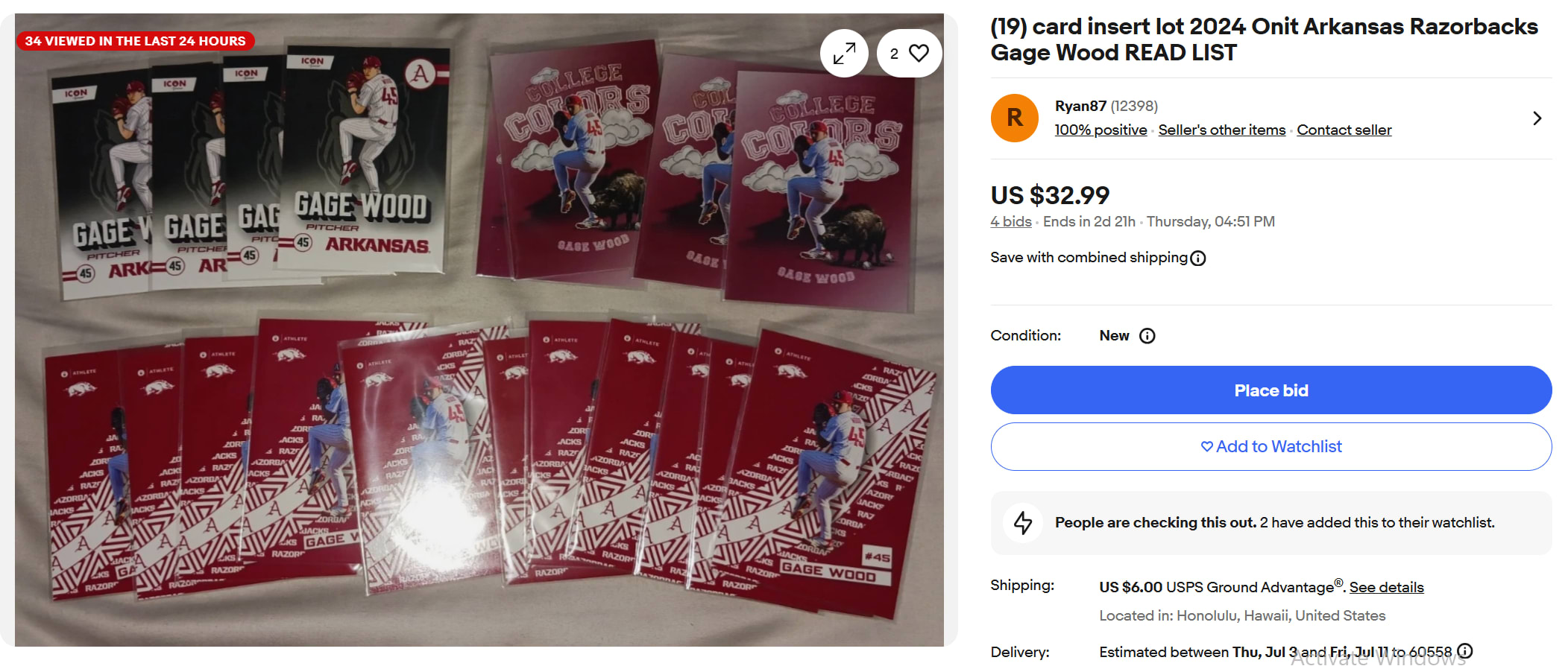 eBay listing for 19 Gage Wood cards