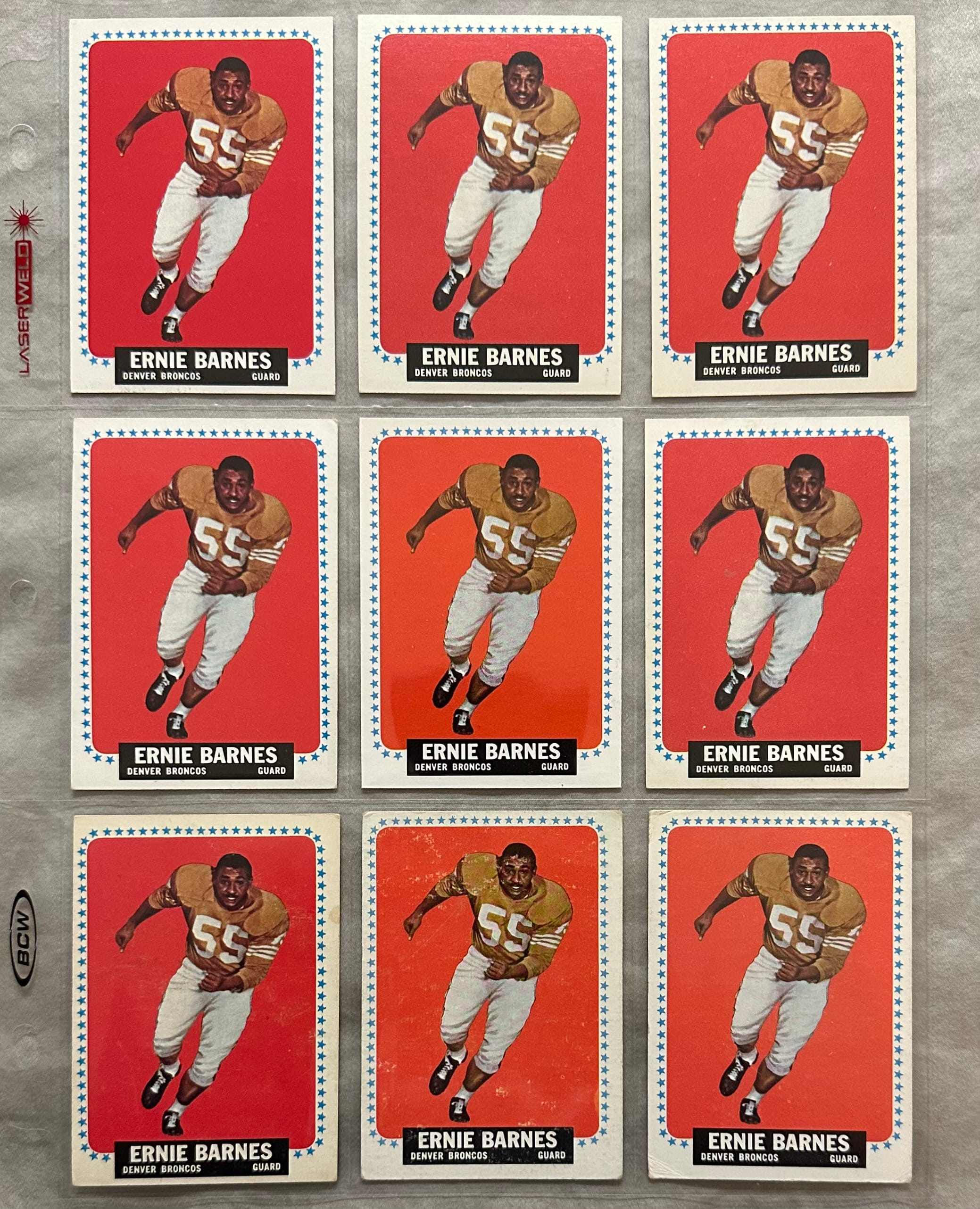 Binder page of 1964 Topps Ernie Barnes football cards
