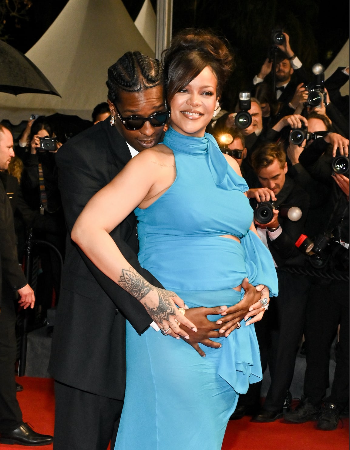 A$AP Rocky and Rihanna embrace on the red carpet in Cannes, France.