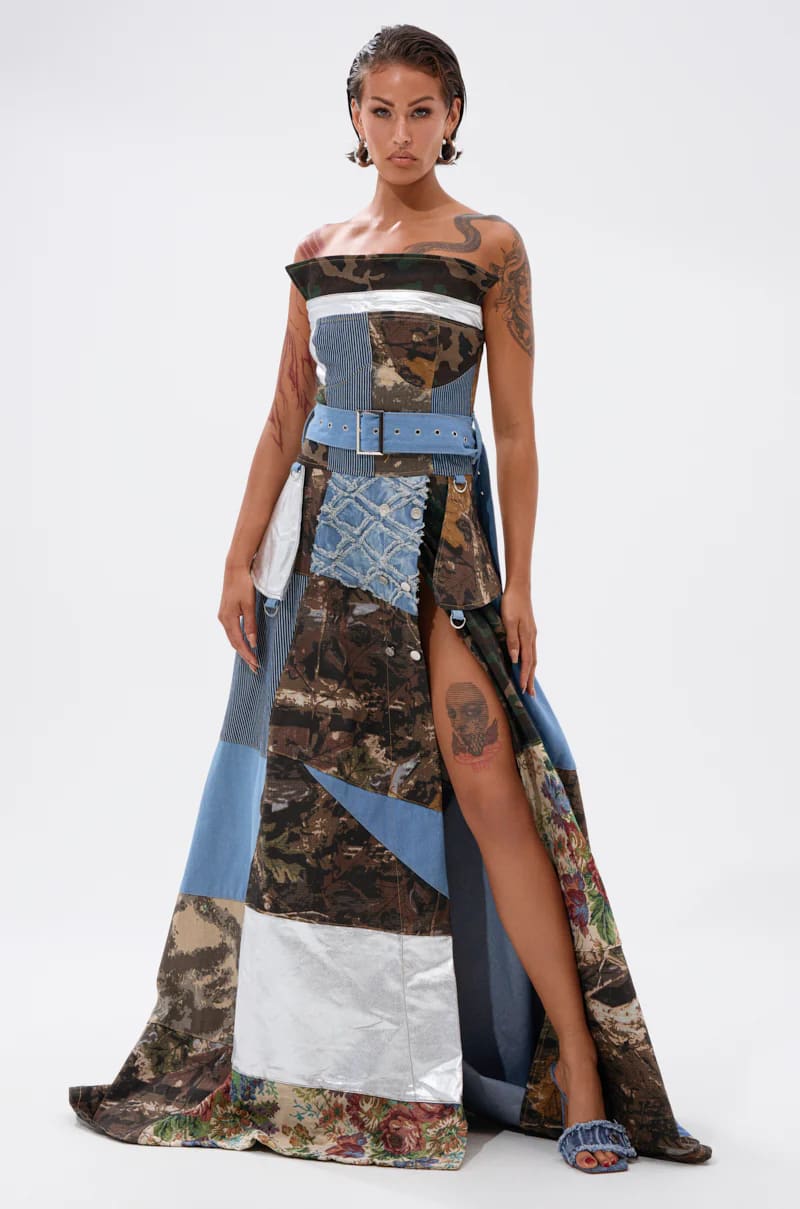 Akira Strapless Trench Maxi Dress with Patchwork Detail