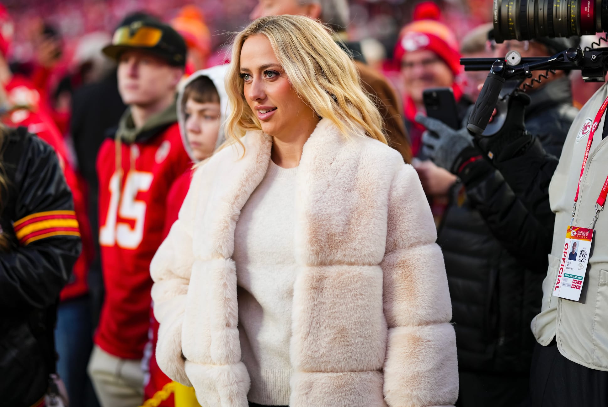Brittany Mahomes stands on the sidelines prior to the AFC Championship game against the Buffalo Bills.