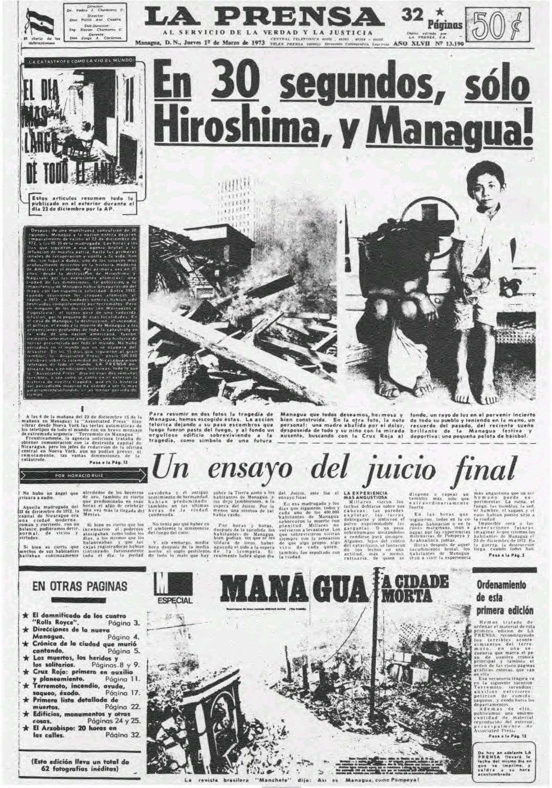 La portada del diario La Prensa de Nicaragua tras el terremoto de 1972