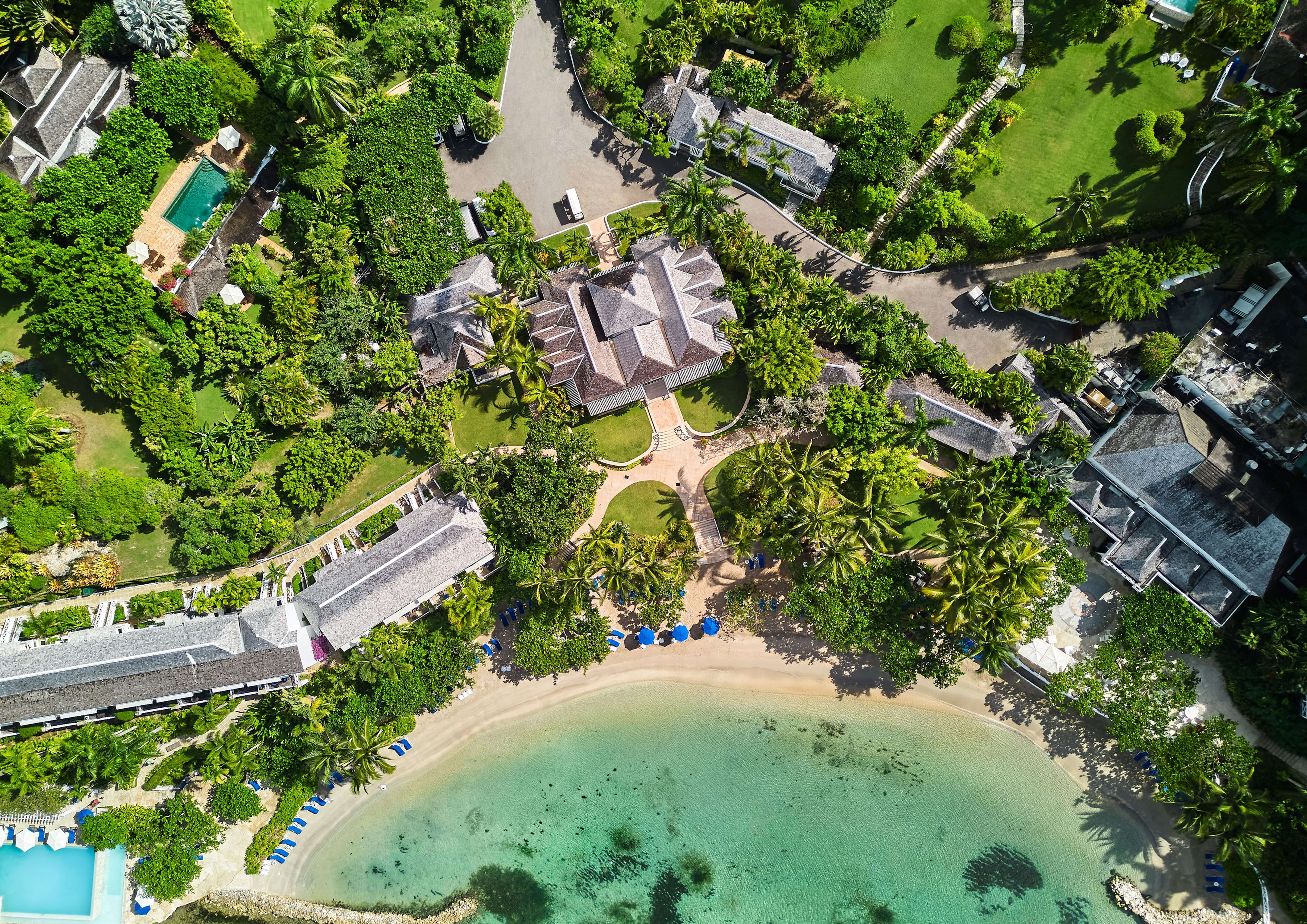 The Round Hill Hotel and Villas aerial view from a drone