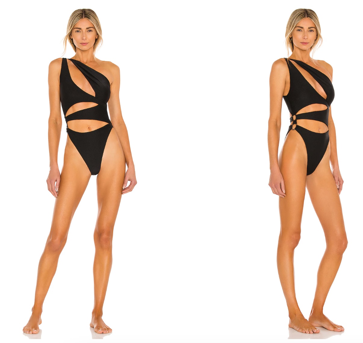 A black one-shoulder one-piece swimsuit featuring cut-outs on the midriff and silver circular accents.