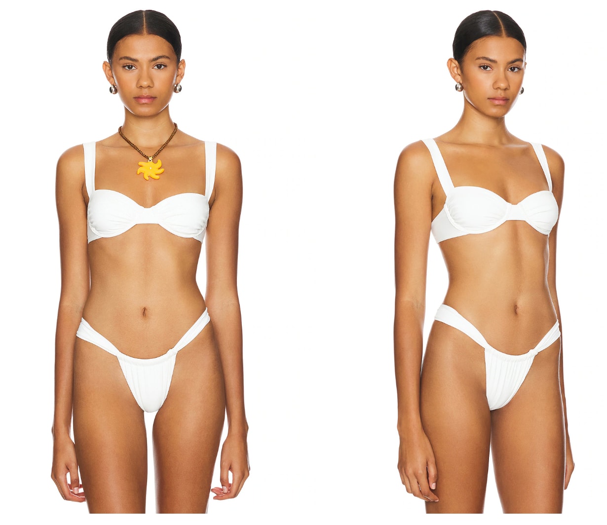 A white balconette bikini top and white ruched bottoms.