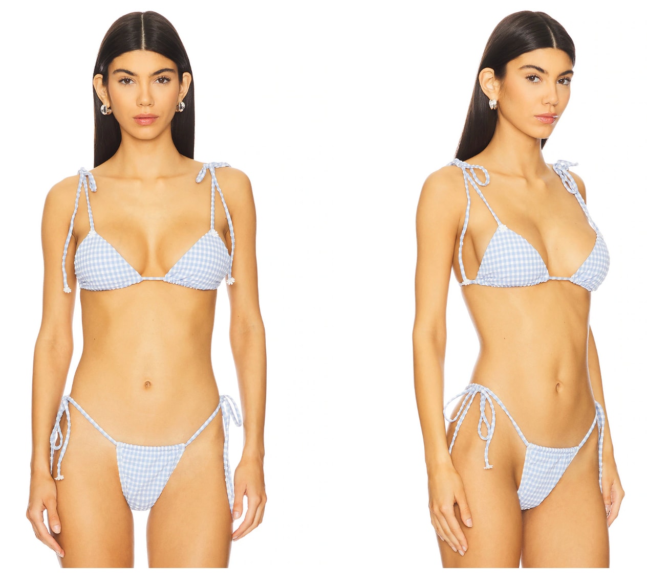 A model poses in a blue gingham string bikini for Love & Lemons.