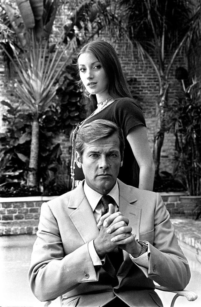 Roger Moore and Jane Seymour take a break during filming of the James Bond film 'Live and Let Die' 