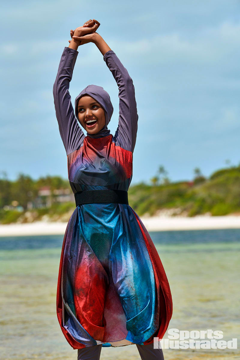 Halima Aden was photographed by Yu Tsai in Kenya. Burkini by Mayovera.