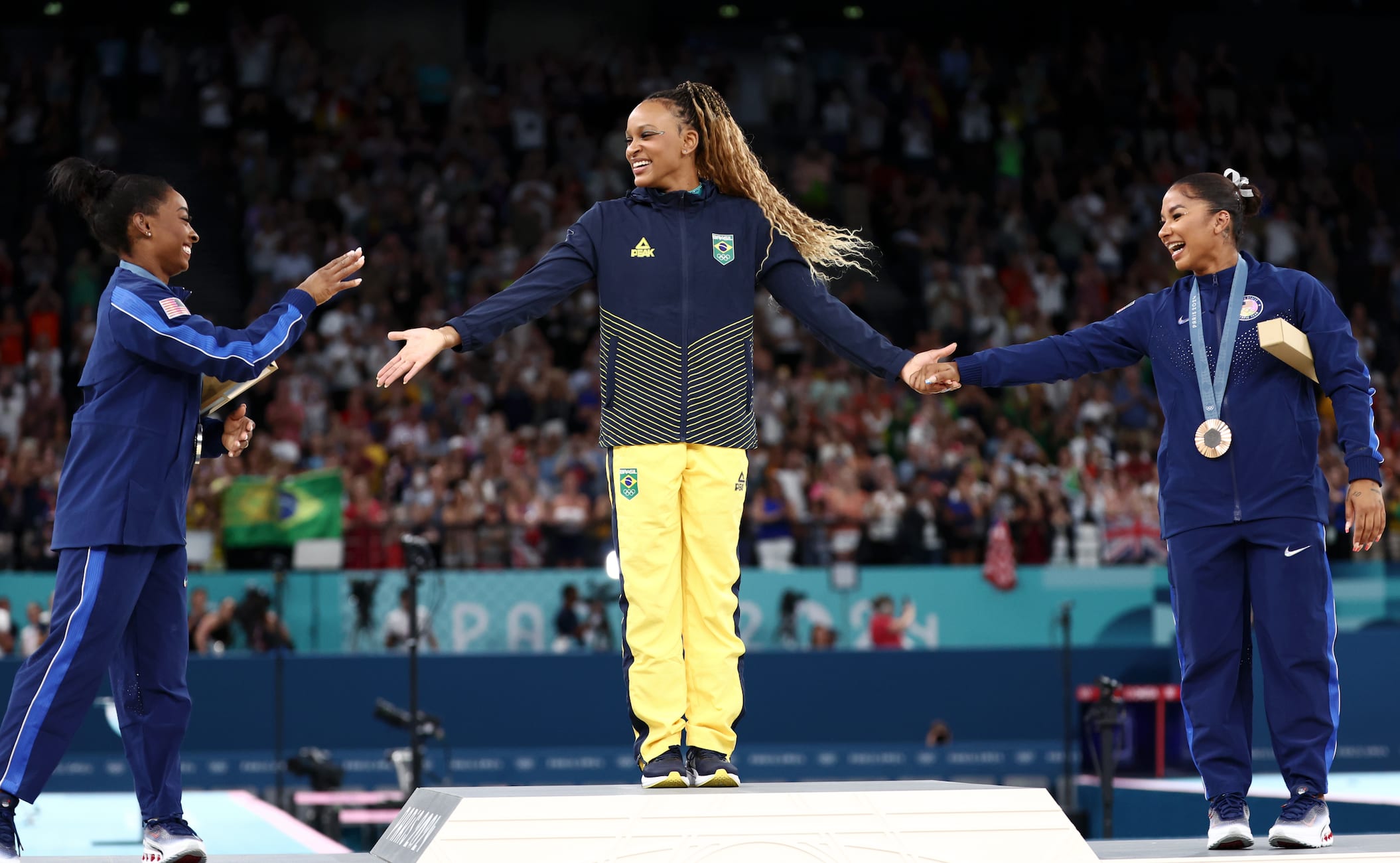 Simone Biles, Rebeca Andrade and Jordan Chiles at the 2024 Olympics