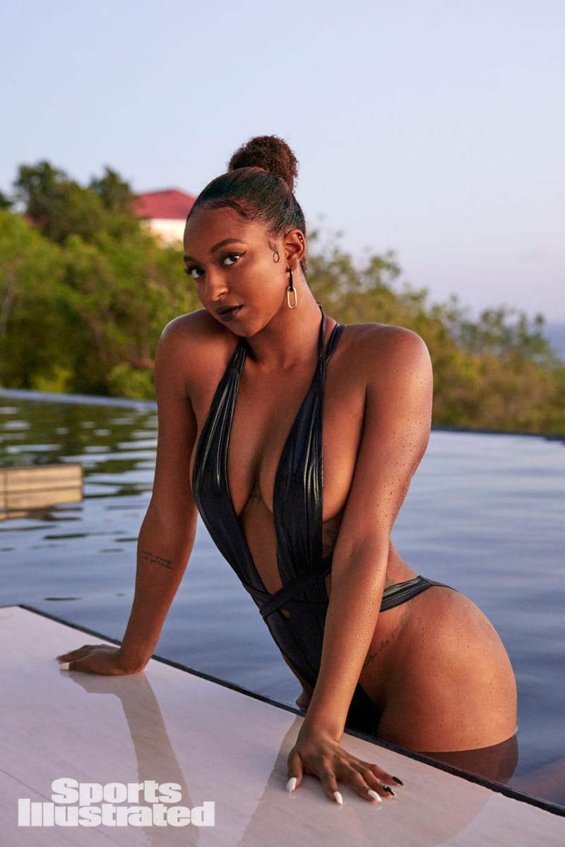 DiDi Richards poses in a black leather swimsuit in  St. Thomas.