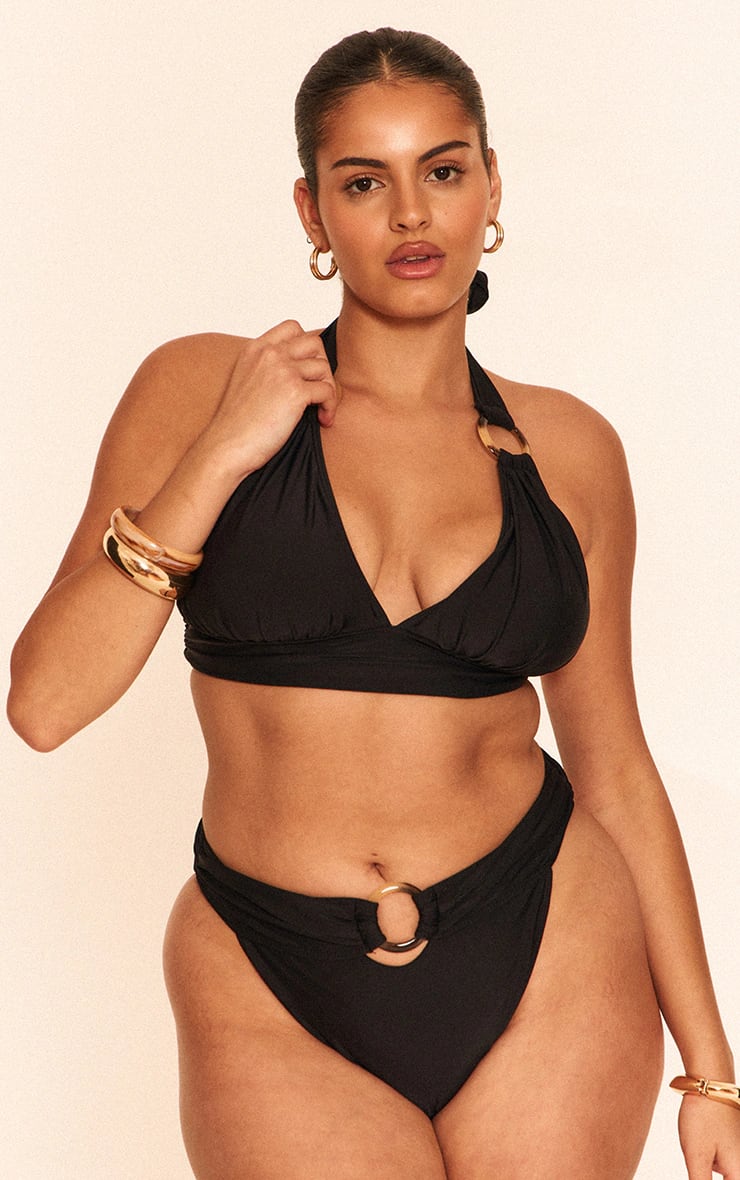 Pretty Little Thing Plus Black O Ring Detail Ruched Triangle Bikini Top and Bottom