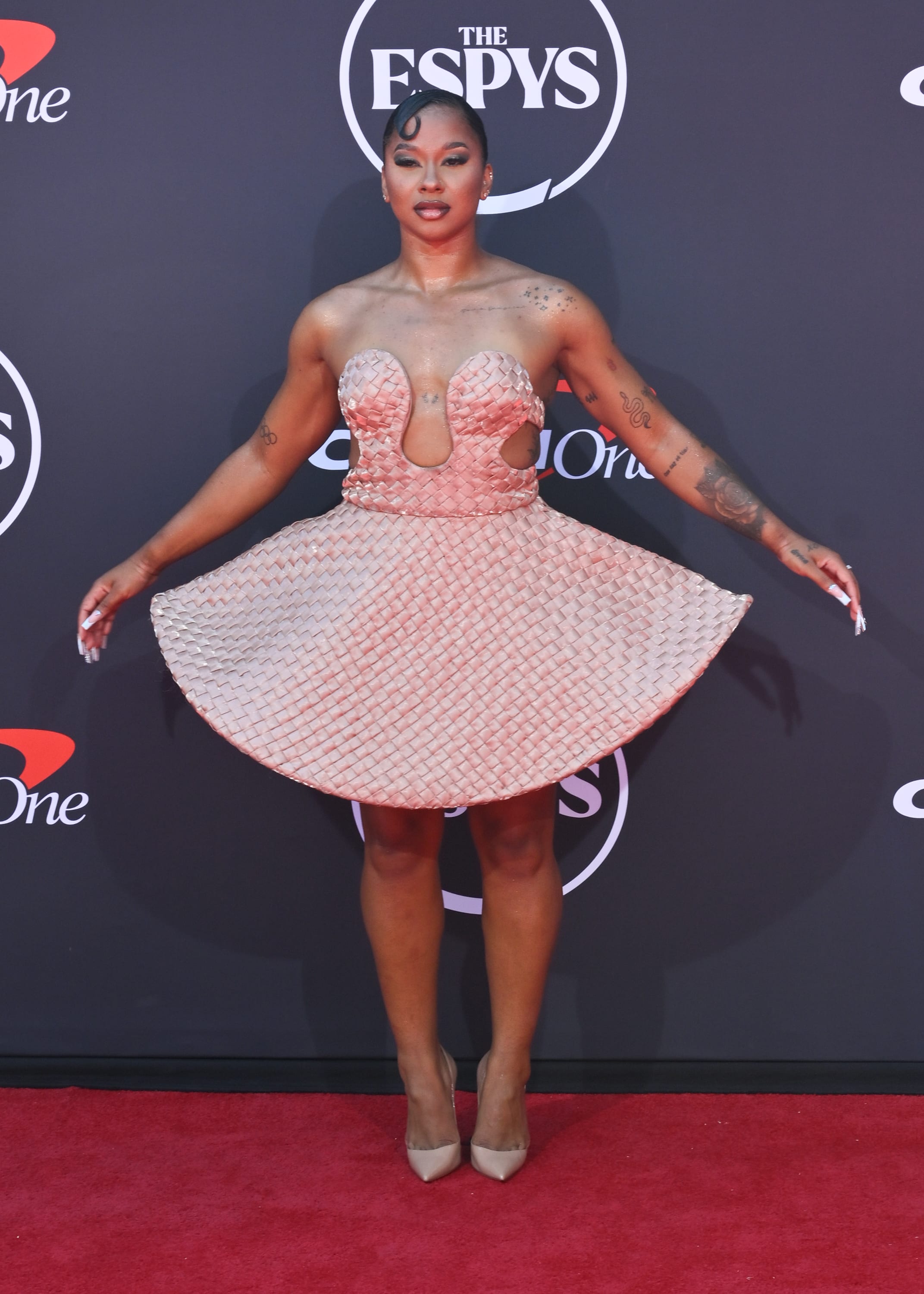 Jordan Chiles at the 2025 ESPYs in Los Angeles, Calif., wearing a pink mini dress.