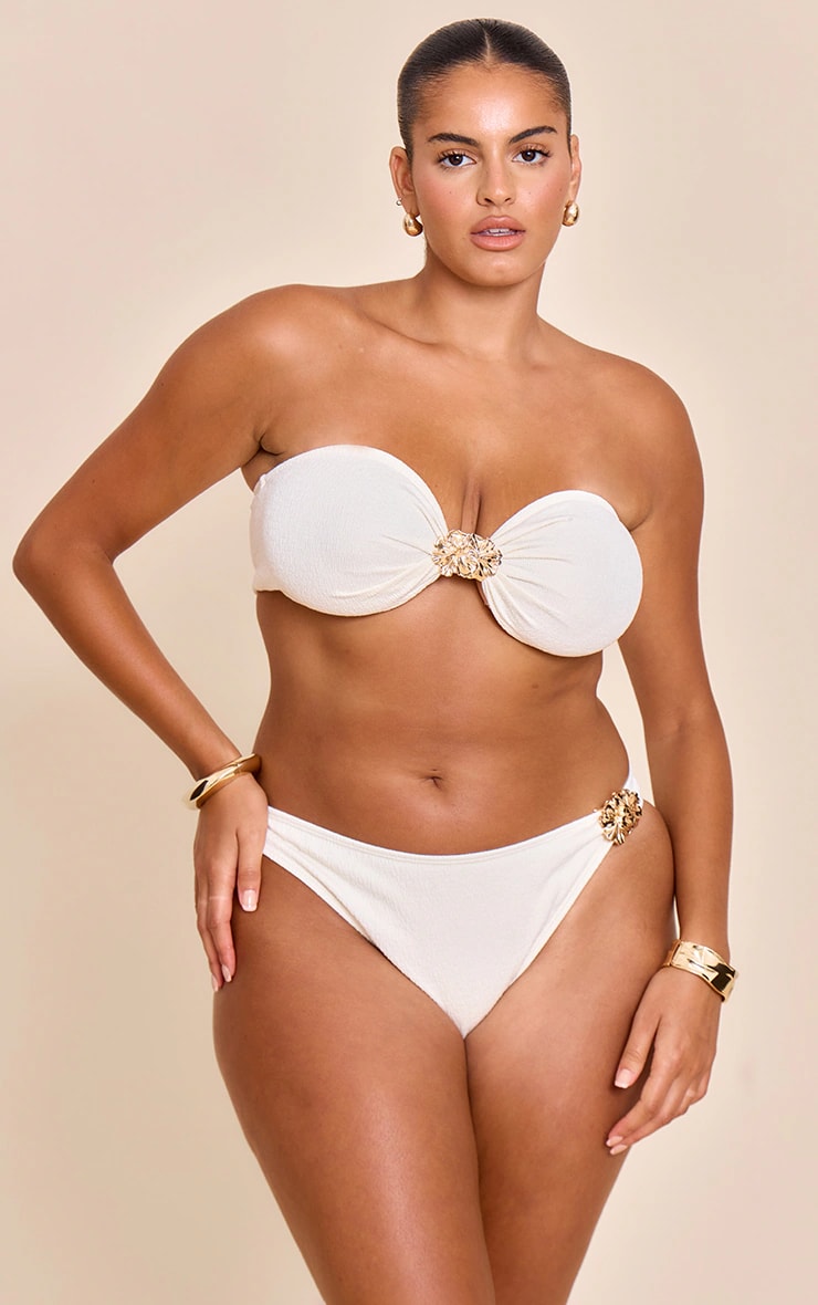 Pretty Little Thing Plus Cream Textured Flower Trim Bandeau Bikini Top