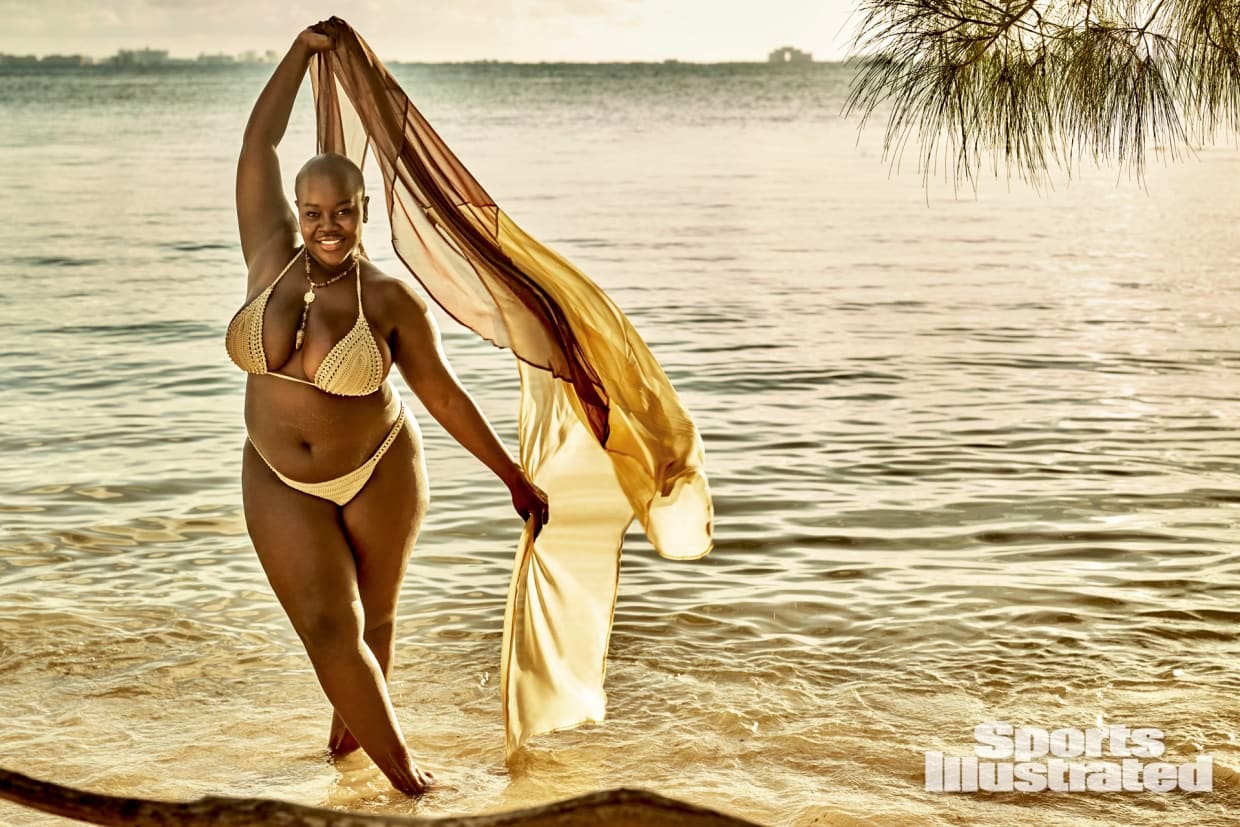 Achieng Agutu poses in a light yellow bikini in Mexico.