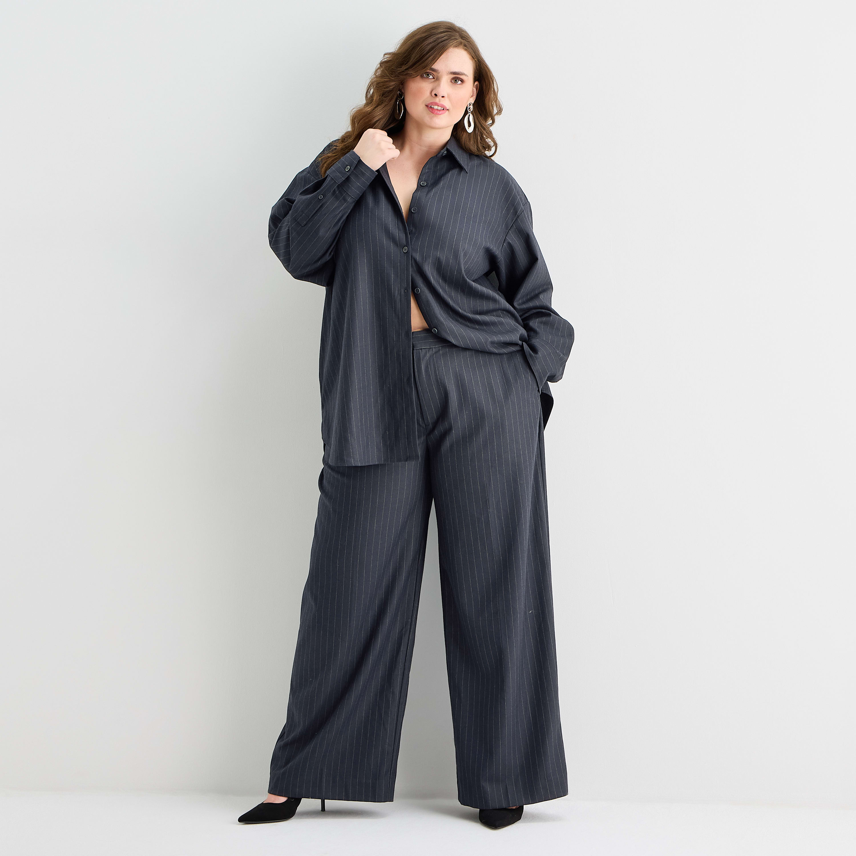 Long Sleeve Relaxed Fit Button-Down Shirt and Wide Leg Trouser