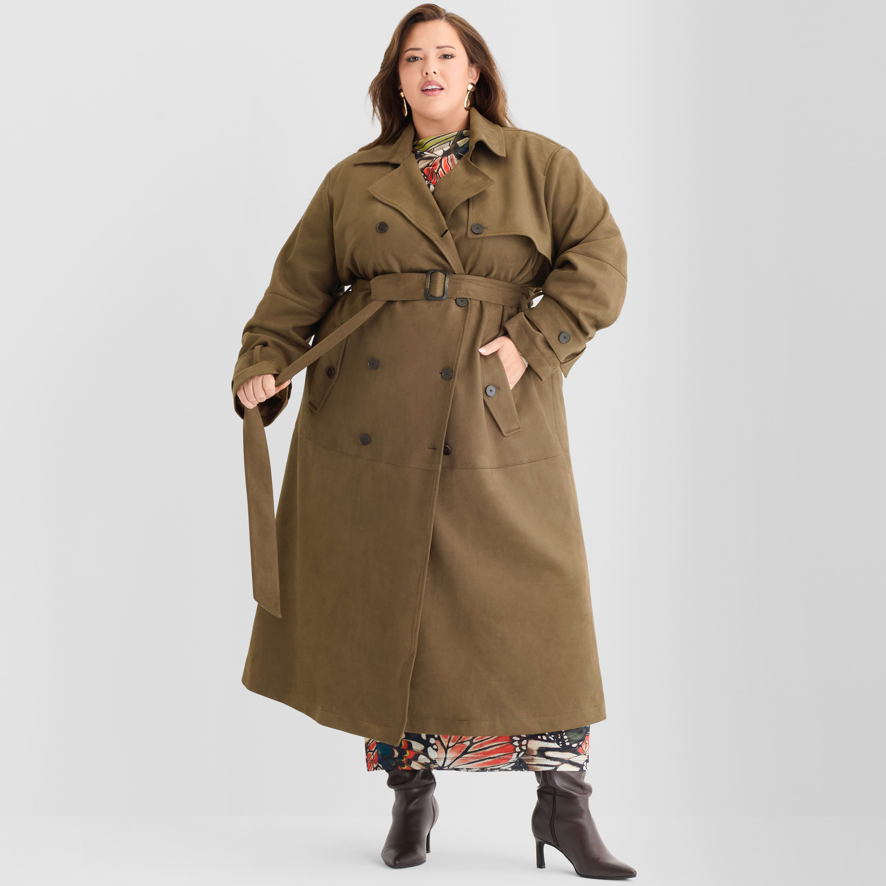  Faux Suede Trench Coat