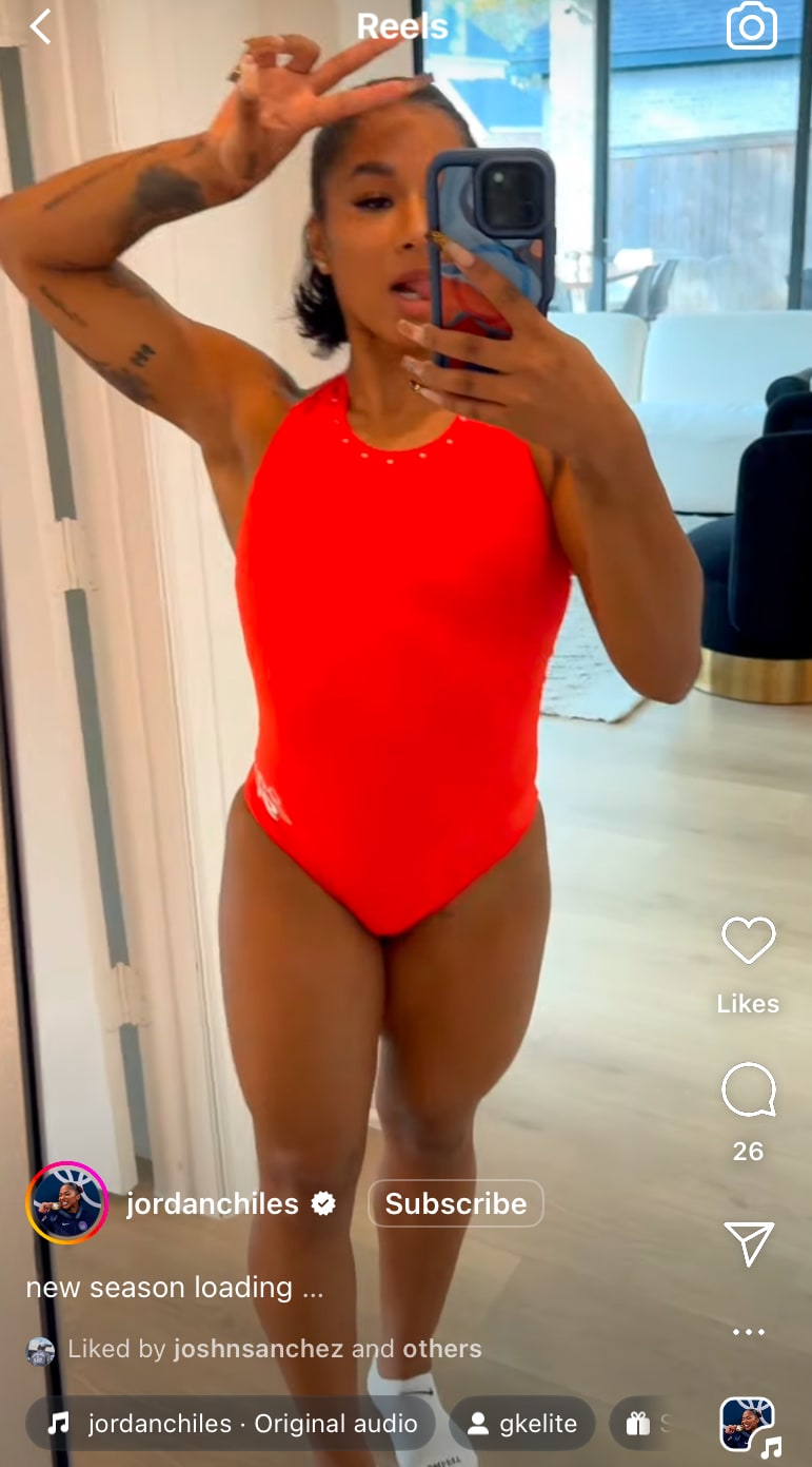 Jordan Chiles flexes tattoos and new season leotard in various poses