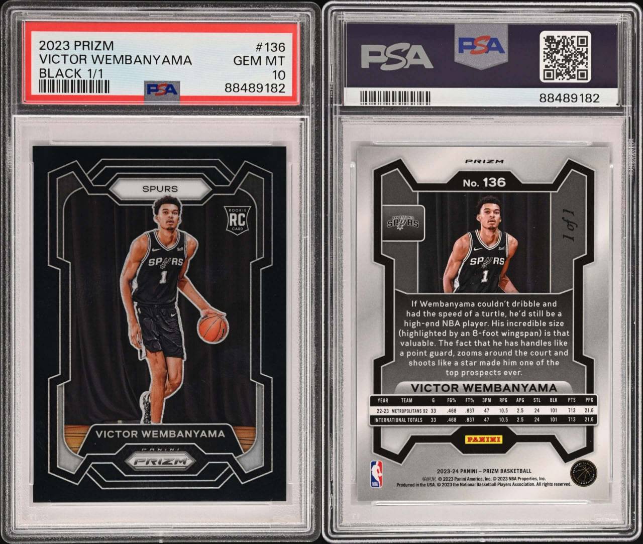 2023 Panini Prizm Victor Wembanyama 1/1 Black PSA 10