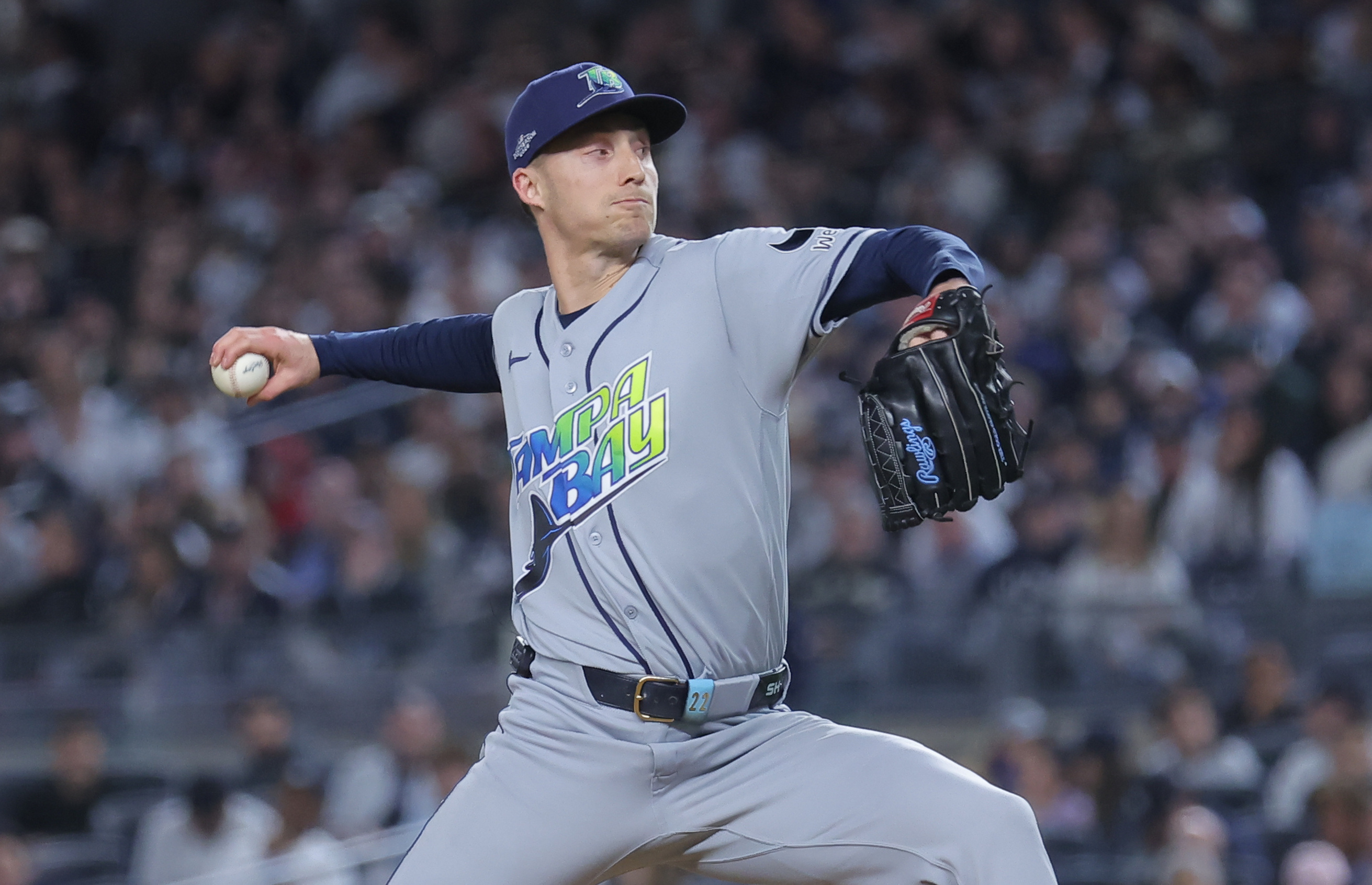 Griffin Jax pitches for Tampa Bay in the 2026 MLB playoffs