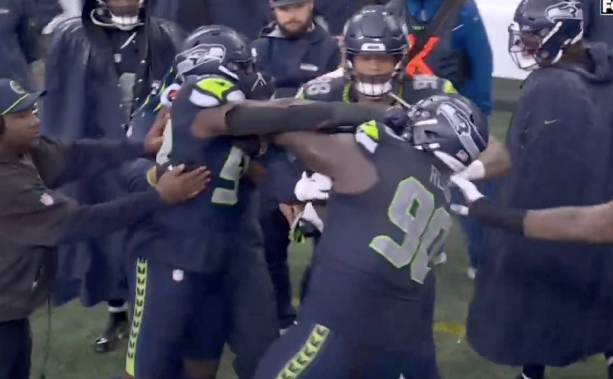 Seahawks Teammates Seen Fighting Each Other in Heated Sideline Moment vs. Bills