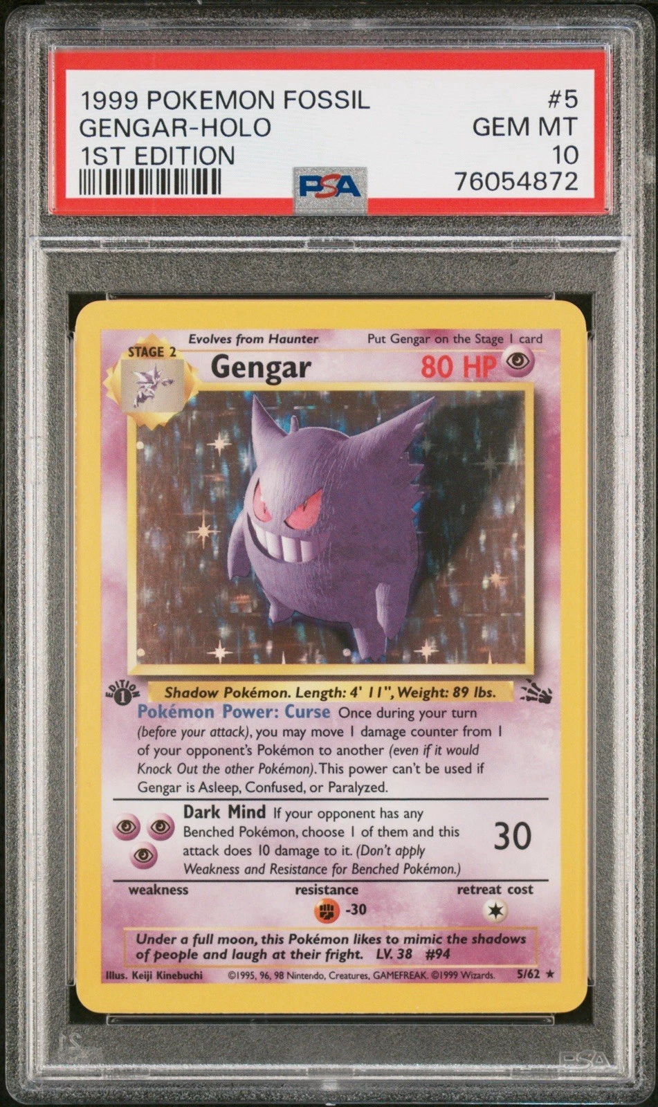 first gengar pokemon card Fossil 1st Edition 5/62 PSA 9 TBC Games Retreat Cost Gengar 2009 Japanese Platinum: Advent