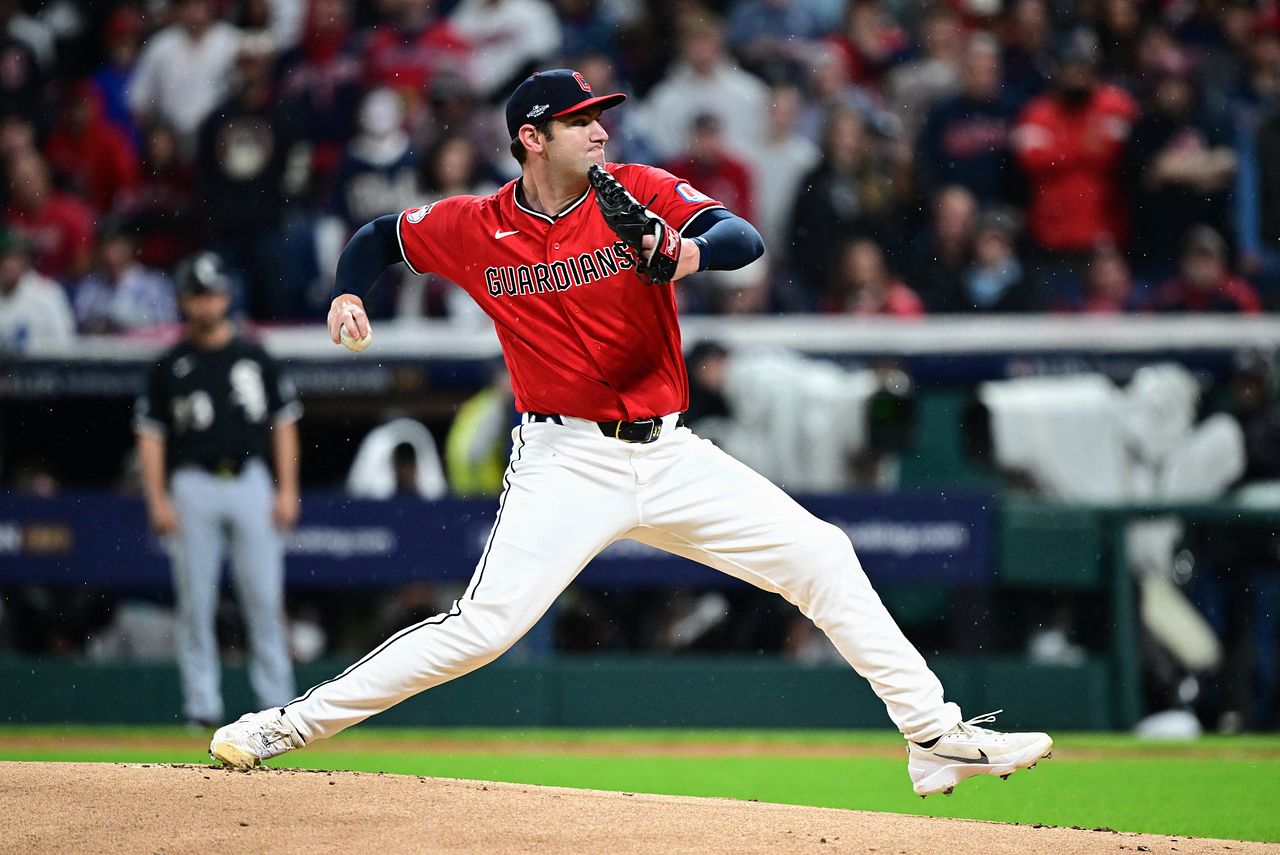 Gavin Williams delivers a pitch for Cleveland in the 2026 playoffs