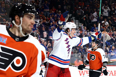 Matt Rempe celebrates his first NHL goal vs. the Philadelphia Flyers