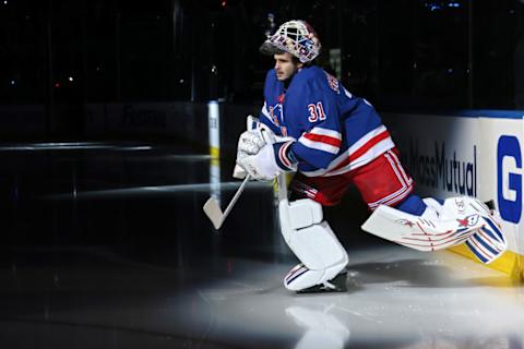 Igor Shesterkin leading the Rangers onto the ice